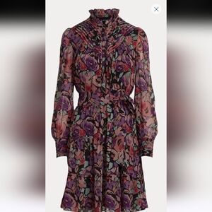 Lrl Lauren Ralph Lauren Purple Black  Crepe Ruffle Long Sleeve Dress 2 new